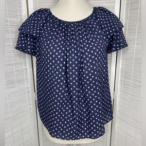 Rebecca Taylor Navy Ikat Dot Silk Blend Ruffle Sleeve Pullover Blouse Size 00